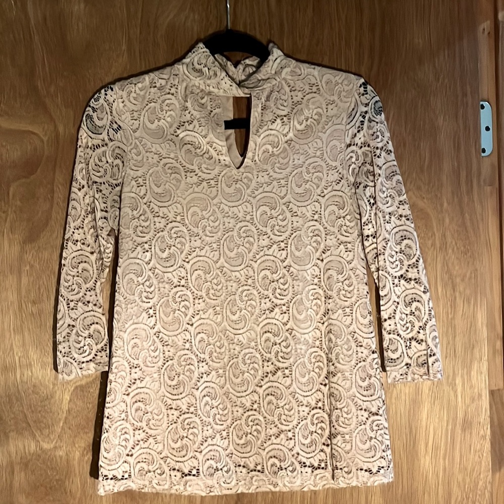 Rose + Olive high neck lace top. Baby pink in a S.